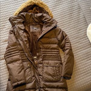 DKNY Chocolate Brown Puffer Coat with Faux Fur Trim Removable Hoodie